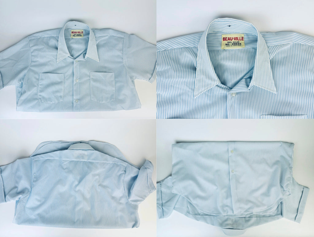 Product image for 'vintage 1970s blue grey striped short sleeve button up shirts 100 nylon made in hong kong by beau ville sold separately' (view 3a0909)