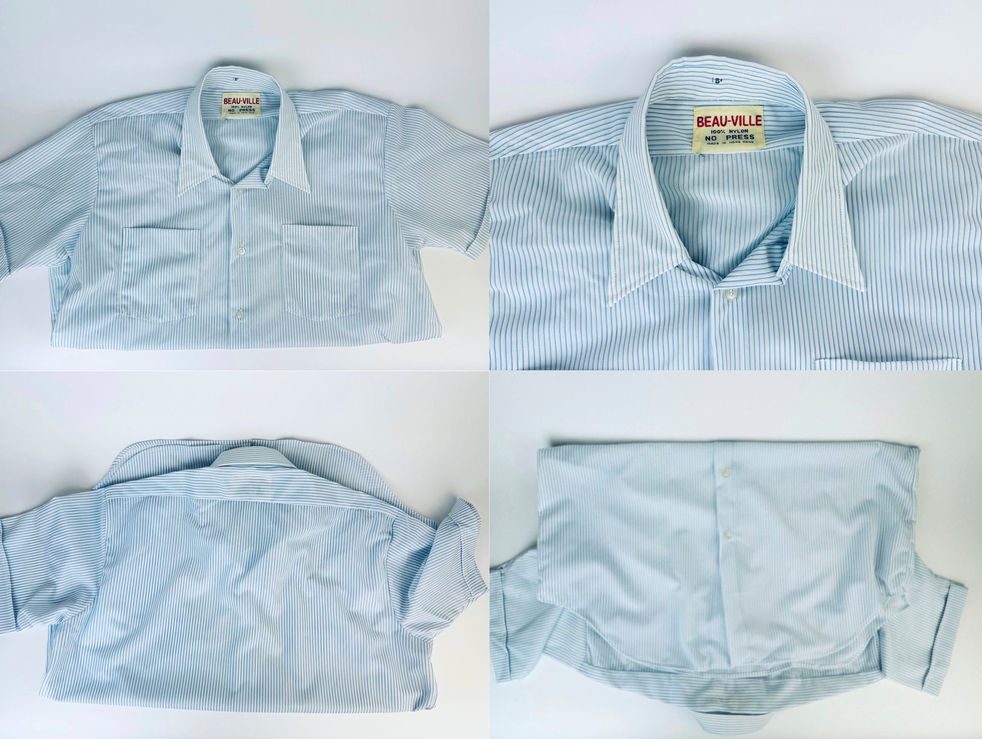 Product image for 'vintage 1970s blue grey striped short sleeve button up shirts 100 nylon made in hong kong by beau ville sold separately' (view 3a0909)