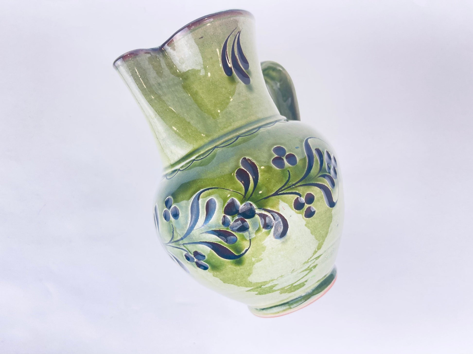 Product image for 'vintage hungarian folk green terracotta jug ruffled pour spout honeysuckle pattern' (view 9c26e9)