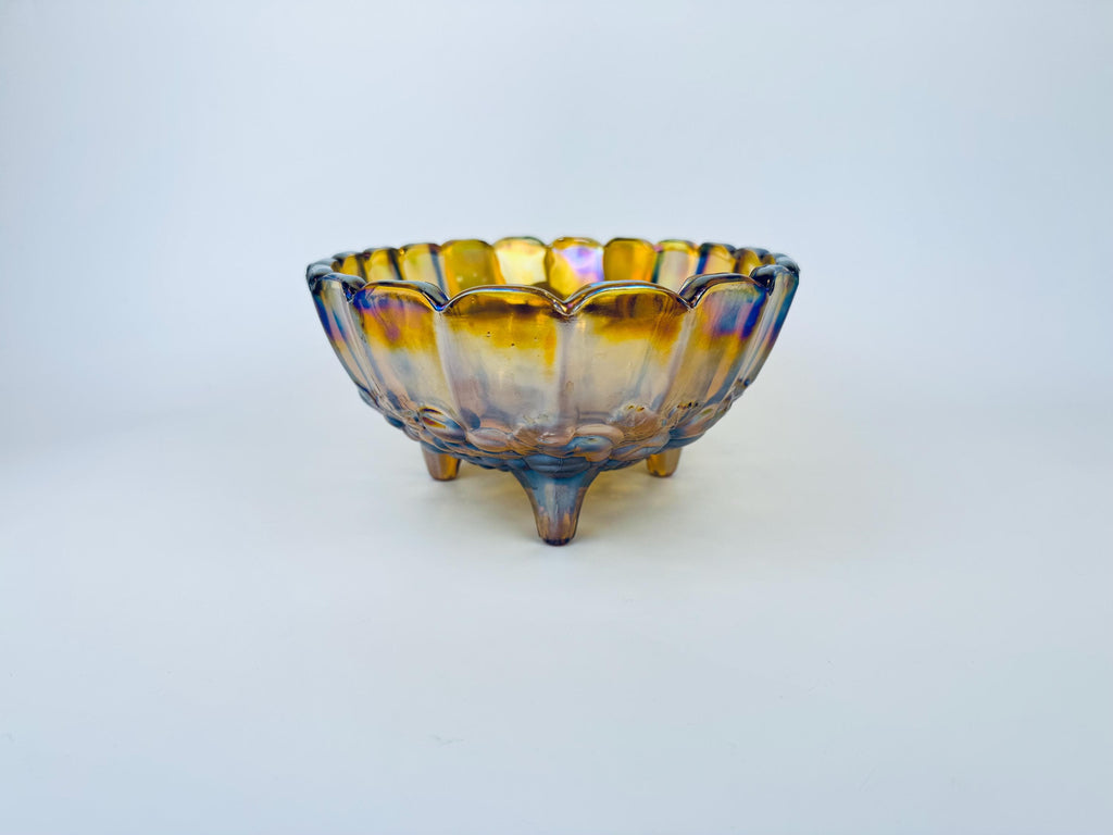 Product image for 'vintage indiana amber carnival glass harvest grape four footed fruit bowl' (view 84508f)