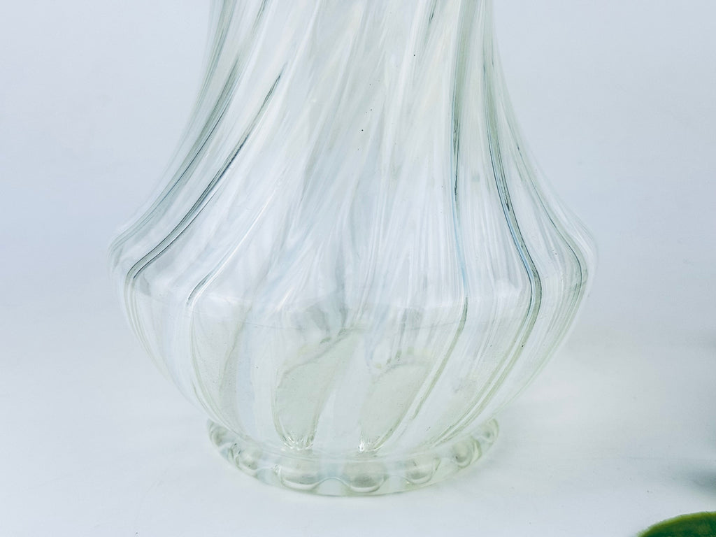 Product image for 'vintage white striped opalescent vaseline glass vase ruffled edge top' (view c69608)