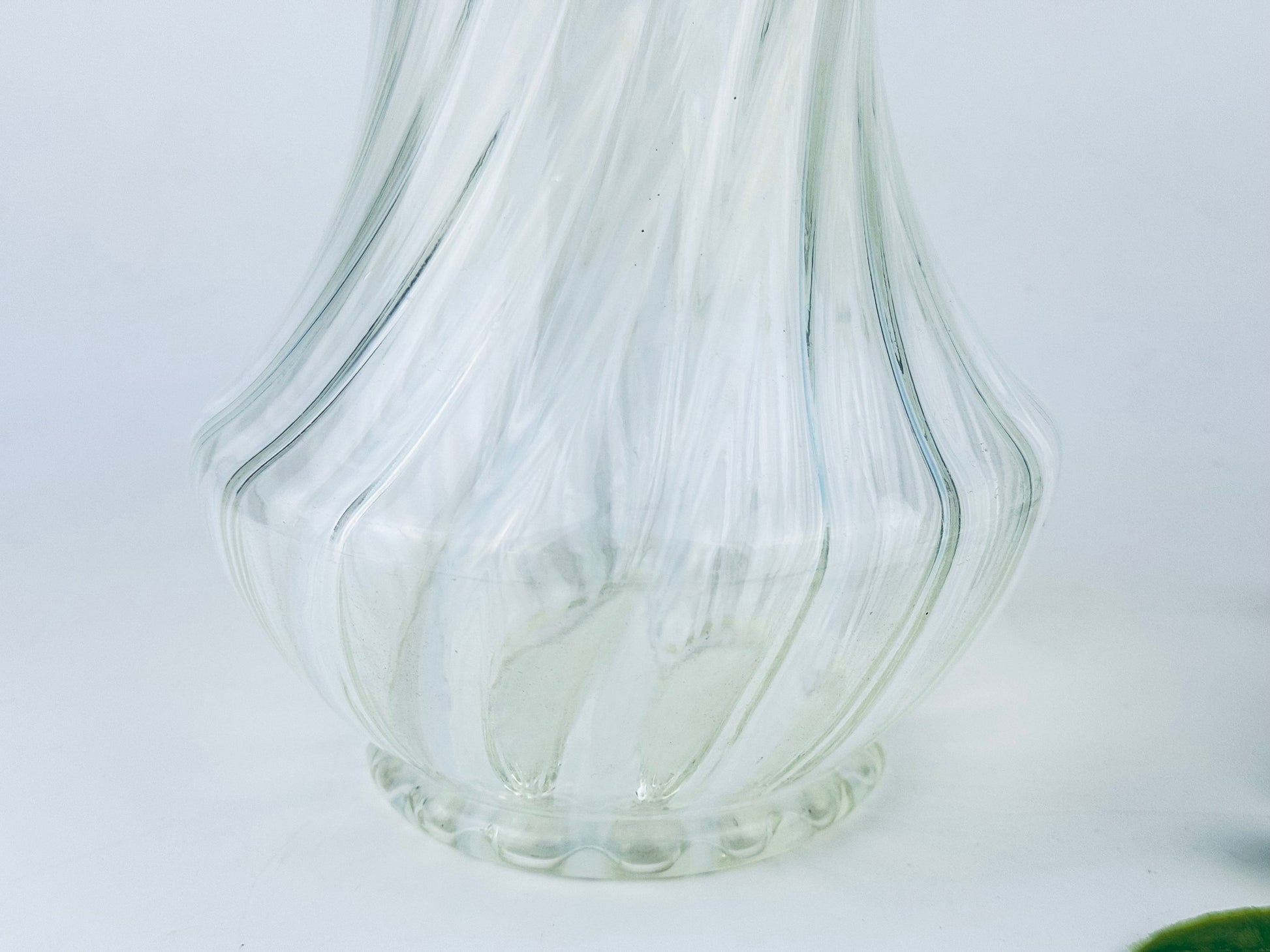 Product image for 'vintage white striped opalescent vaseline glass vase ruffled edge top' (view c69608)