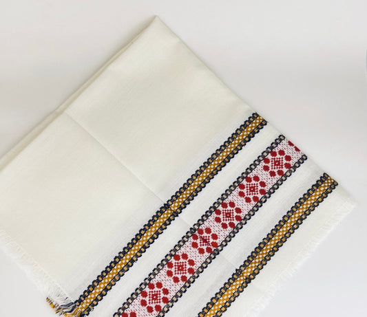Product image for 'vintage square linen fringe table cloth striped geometric pattern' (view 0165d1)