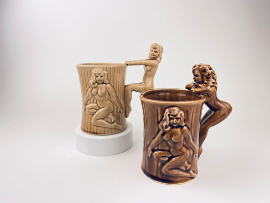 Product image for 'vintage risque nude woman barrel shaped brown ceramic mug sold individually groomsmen barware gift made in japan' (view c808a6)