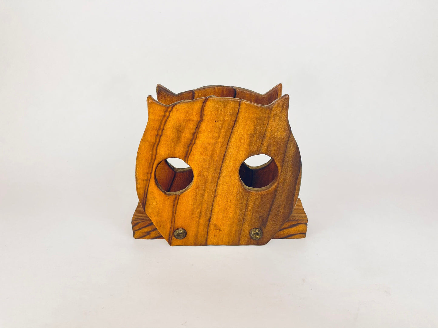 Product image for 'vintage wood owl napkin file holder textured wood grain metal rivets' (view 572769)