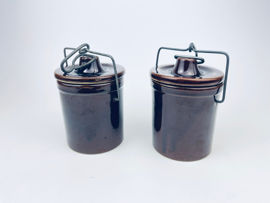 Product image for 'vintage brown drip glazed ceramic jar canister metal clasp top' (view 620a21)