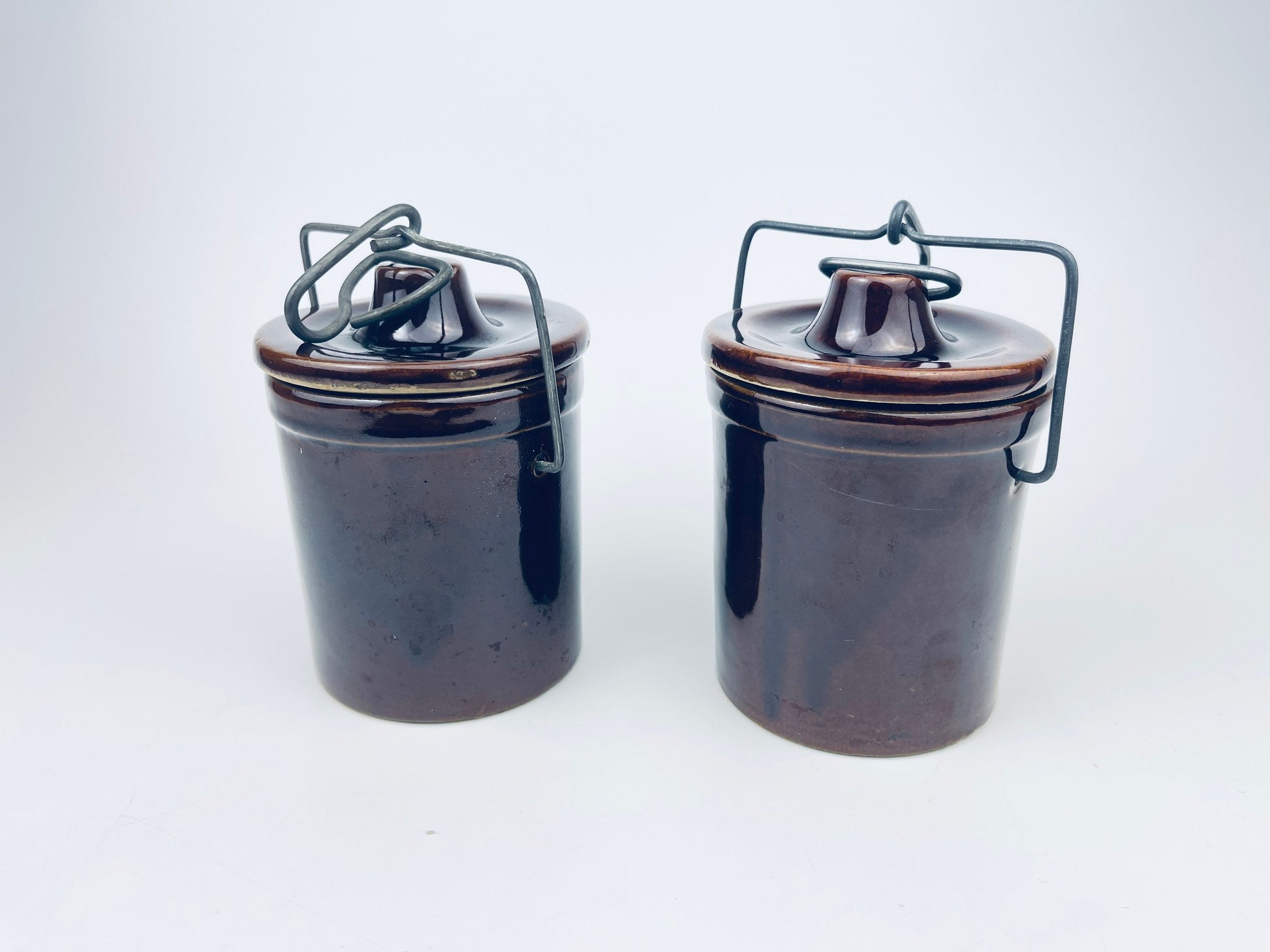Product image for 'vintage brown drip glazed ceramic jar canister metal clasp top' (view 620a21)