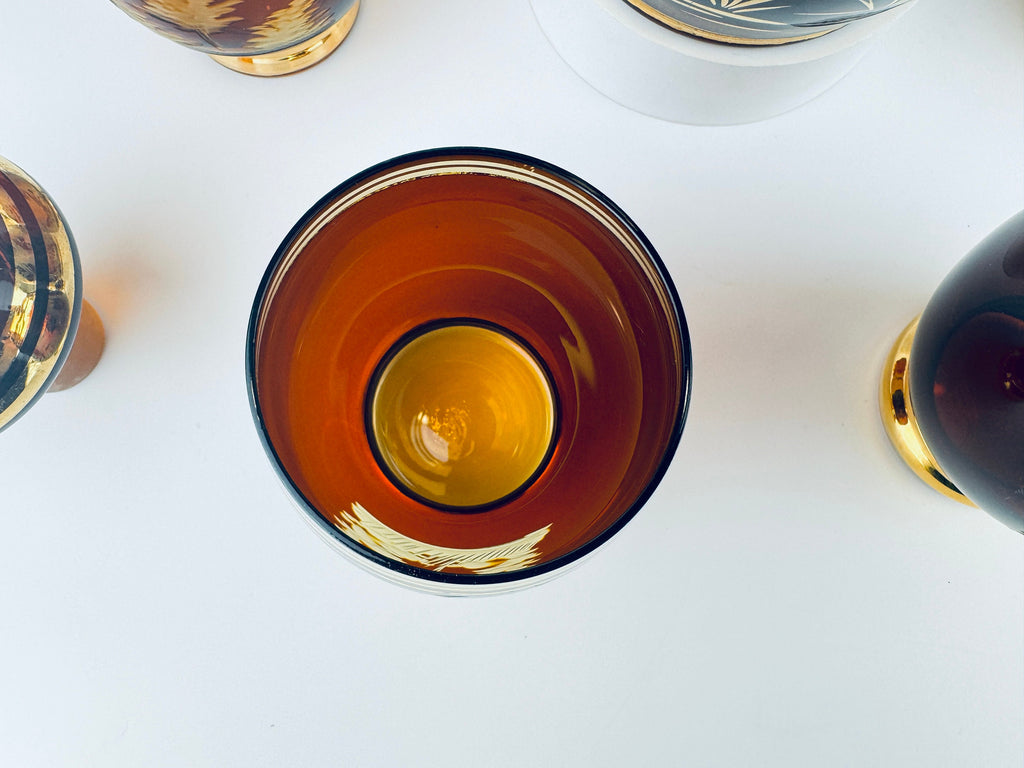 Product image for 'vintage dark brown gold striped egermann stag landscape barware set glass decanter four 4 roly poly glasses made in czechoslovakia' (view 06e3cf)