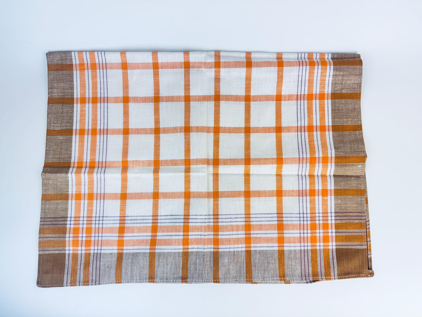 Product image for 'vintage brown orange striped beige linen tea towel' (view bd3950)