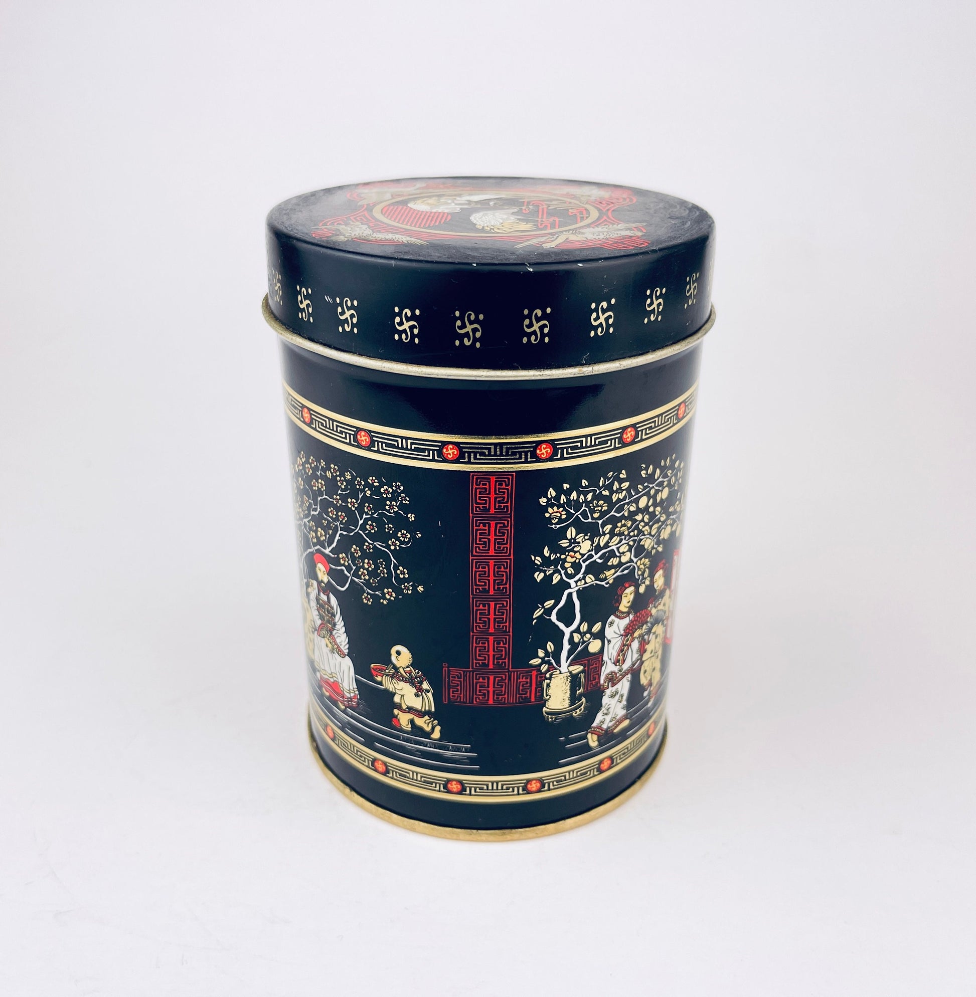 Product image for 'vintage japanese chinoiserie tea tin canister geishas cranes cherry blossom tree pattern' (view 2563d7)