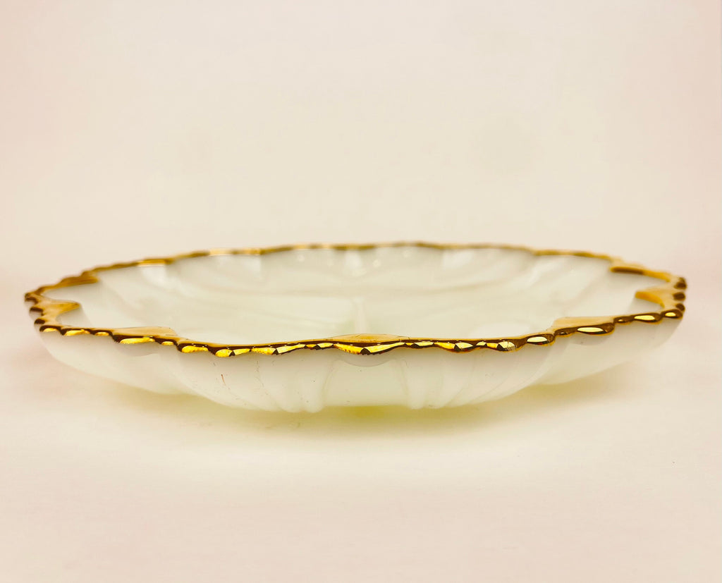 Product image for 'vintage anchor hocking milk glass divided serving dish gold rimmed edge' (view 7e4360)