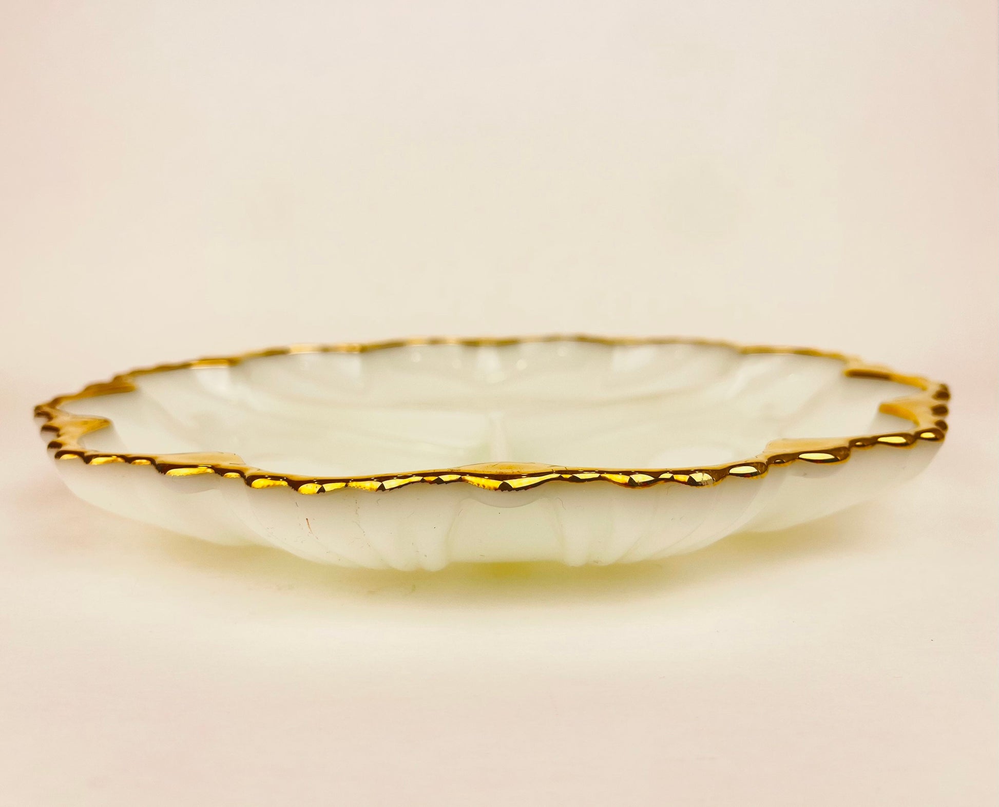 Product image for 'vintage anchor hocking milk glass divided serving dish gold rimmed edge' (view 7e4360)
