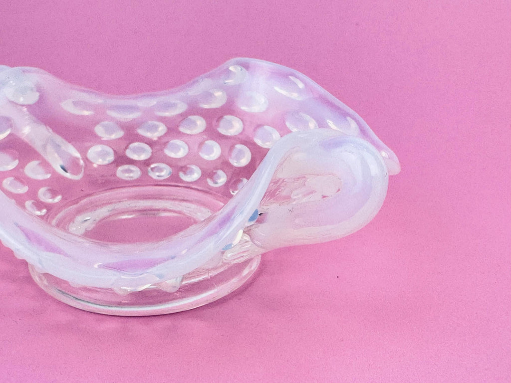 Product image for 'vintage fenton moonstone hobnail glass dish 1940s opalescent ruffled trinket bowl with handles' (view 16b6e7)
