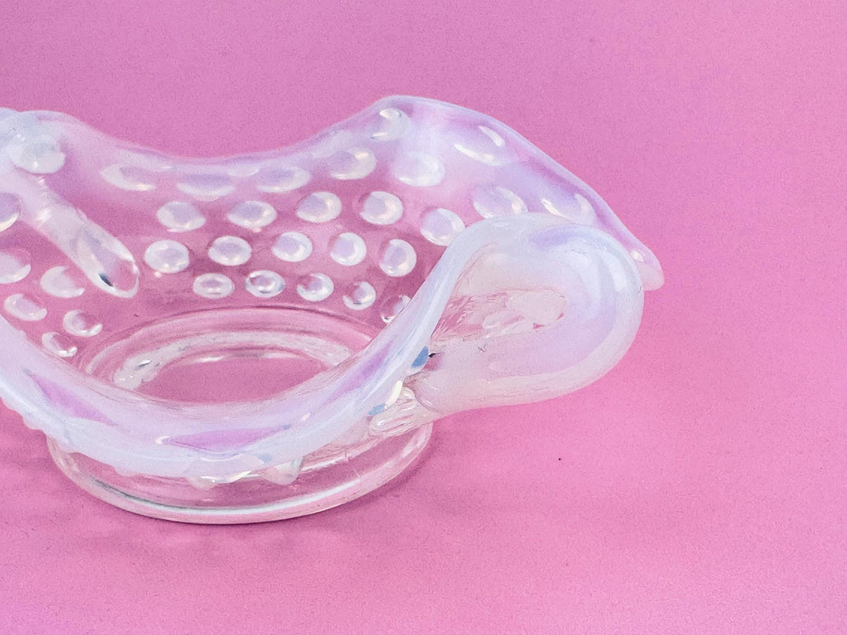Product image for 'vintage fenton moonstone hobnail glass dish 1940s opalescent ruffled trinket bowl with handles' (view 16b6e7)