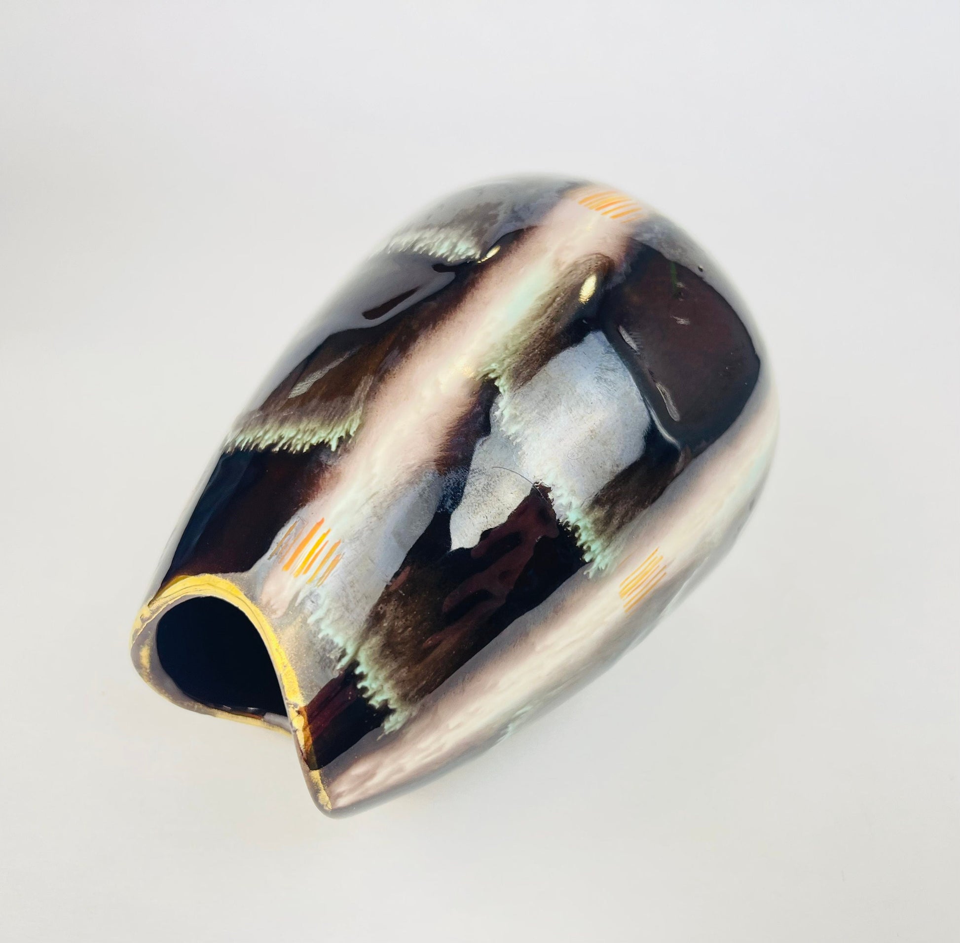 Product image for 'vintage mcm fish mouth pottery vase by jasba teal streak line gold rimmed top model 582 12 made in west germany' (view f5c304)