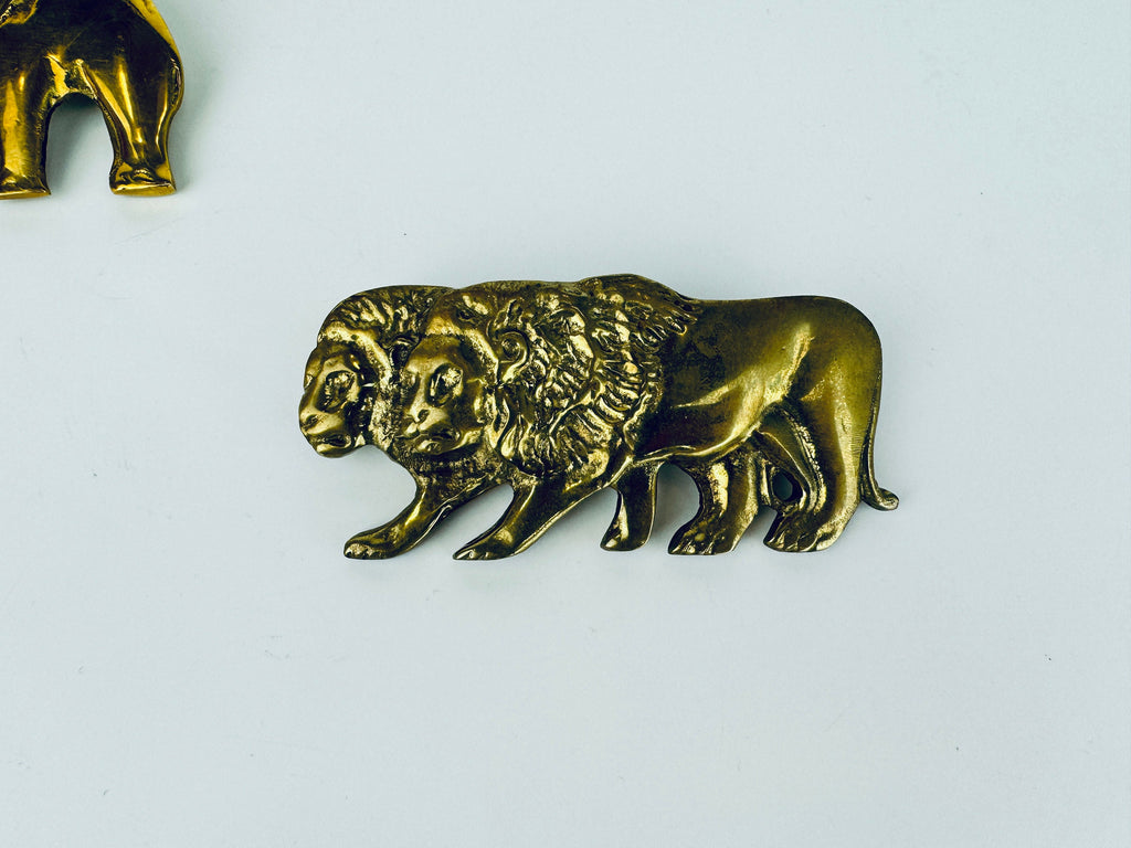 Product image for 'vintage hand made solid brass double lion elephant belt buckle attractive aged metal patina sold separately' (view 072137)
