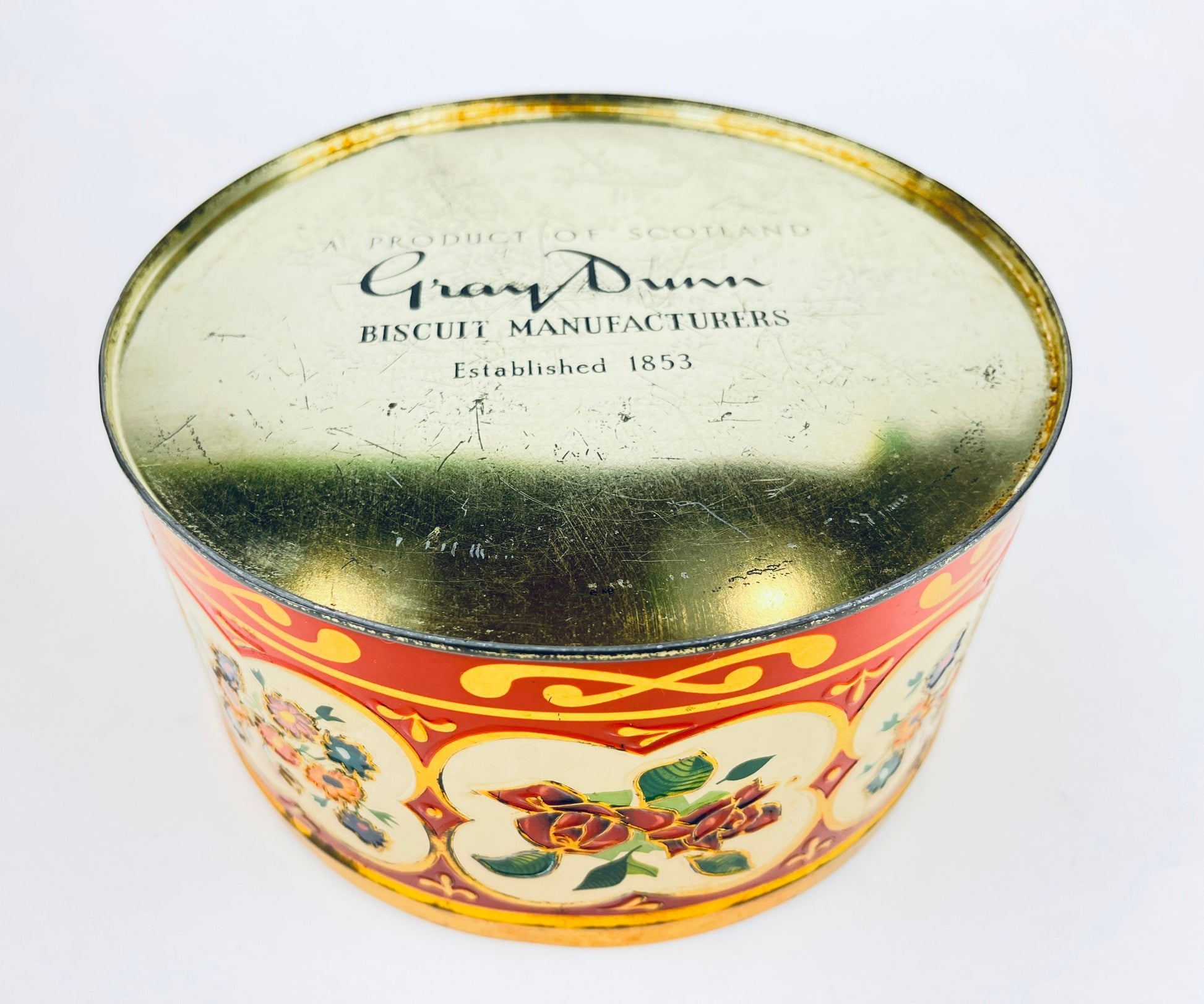Product image for 'vintage gray dunn round tin red gold floral pattern product of scotland' (view 693724)