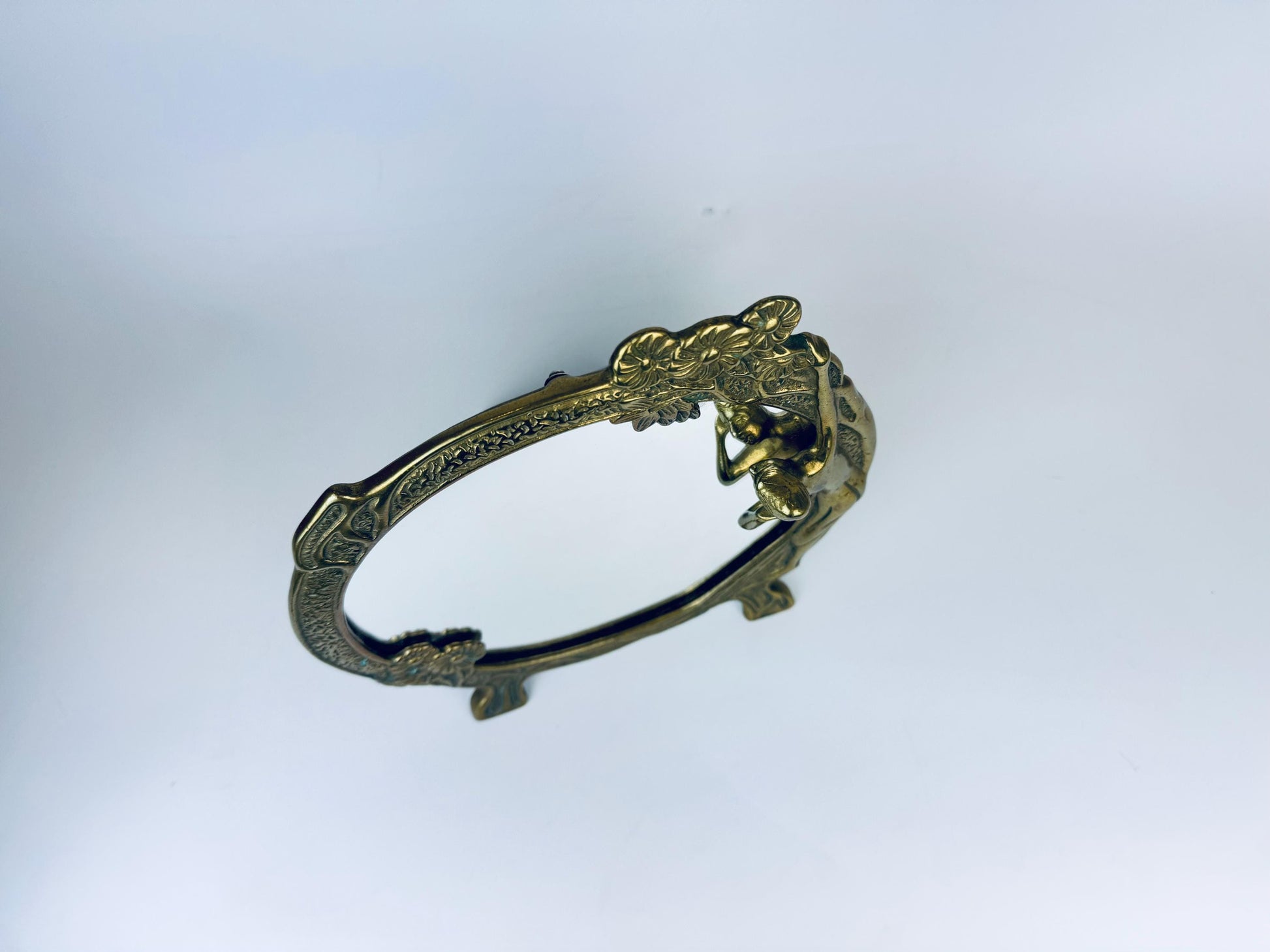 Product image for 'vintage art nouveau round brass tabletop mirror wood nymph maiden woman by the lake' (view 80cc8a)