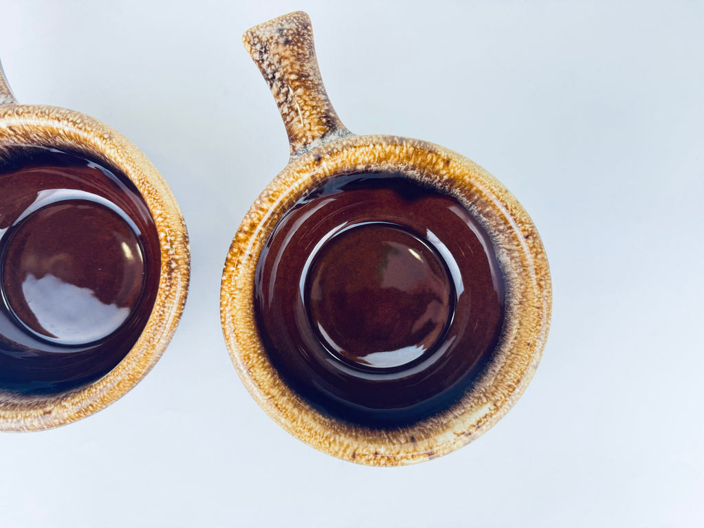 Product image for 'vintage hull oven proof usa handled soup bowls set of two 2 ceramic drip glazed brown' (view 0c0e4e)