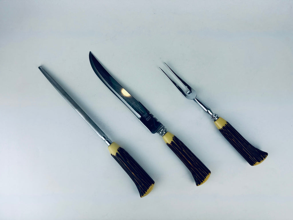 Product image for 'vintage king carver faux antler bakelite serving utensil knife set sheffield england set of three 3' (view a39a2d)