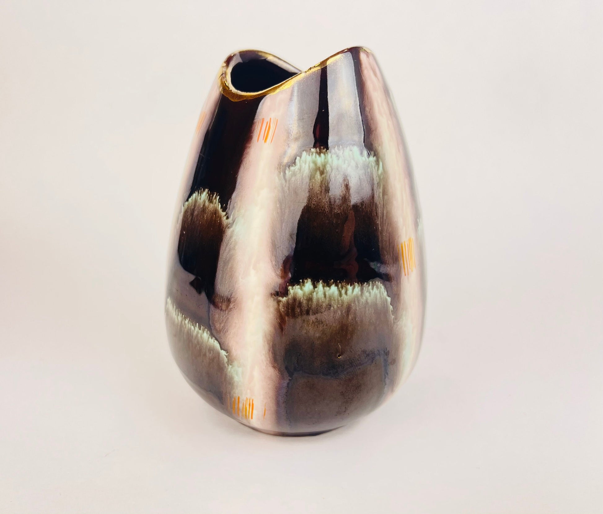 Product image for 'vintage mcm fish mouth pottery vase by jasba teal streak line gold rimmed top model 582 12 made in west germany' (view 51af5f)