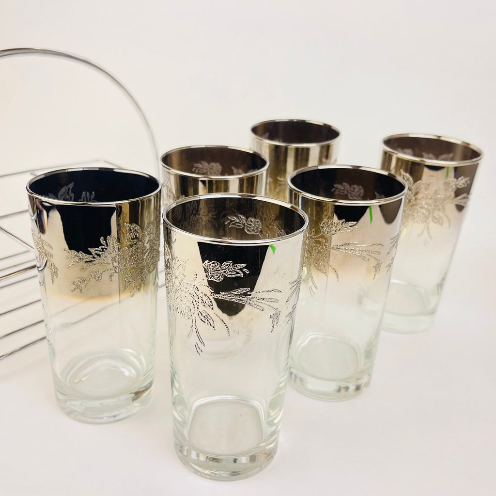 Product image for 'vintage dorothy thorpe silver ombre fade highball glass set rose flower embossed top metal chrome caddy set of six 6' (view 77e245)