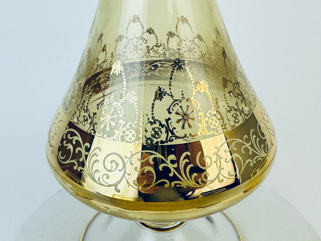 Product image for 'vintage amber gold crystal drink ware barware set decanter four 4 aperitif swirl pedestal glasses barware gift' (view c49e82)