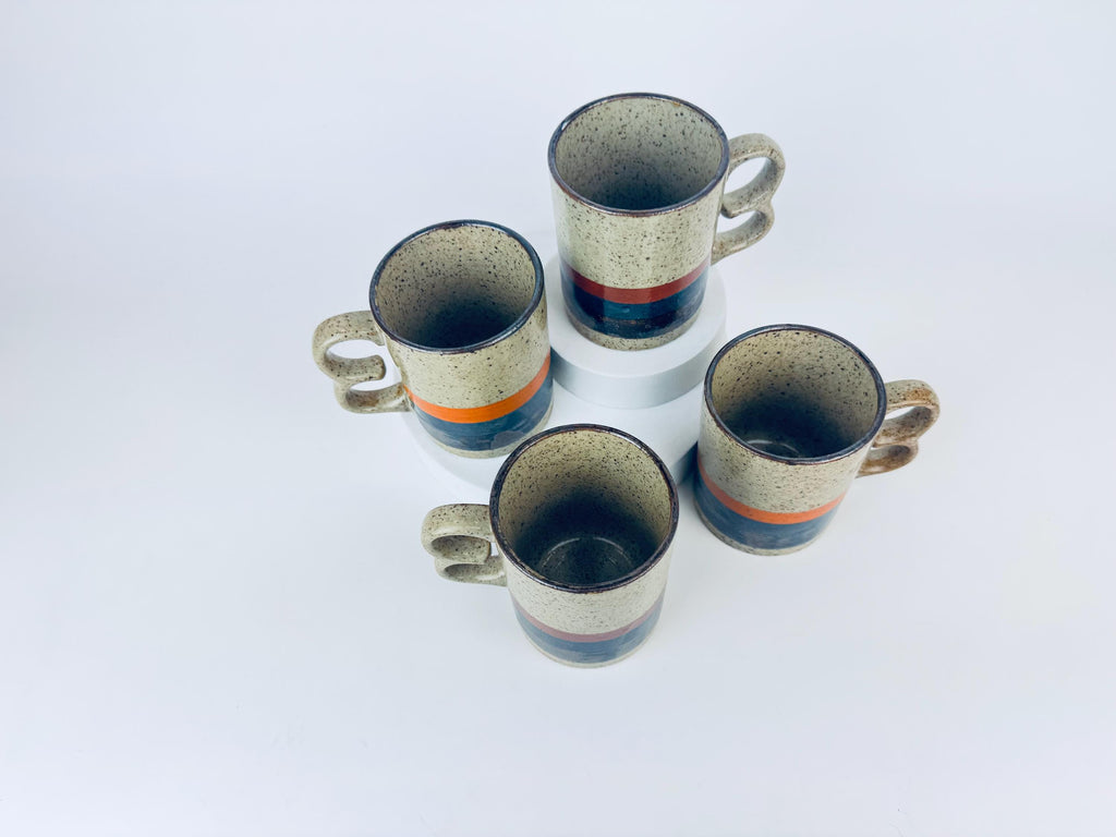 Product image for 'vintage 1970s stoneware mugs speckled glaze with bold stripes double loop handles set of 4 retro coffee cups' (view f345b2)
