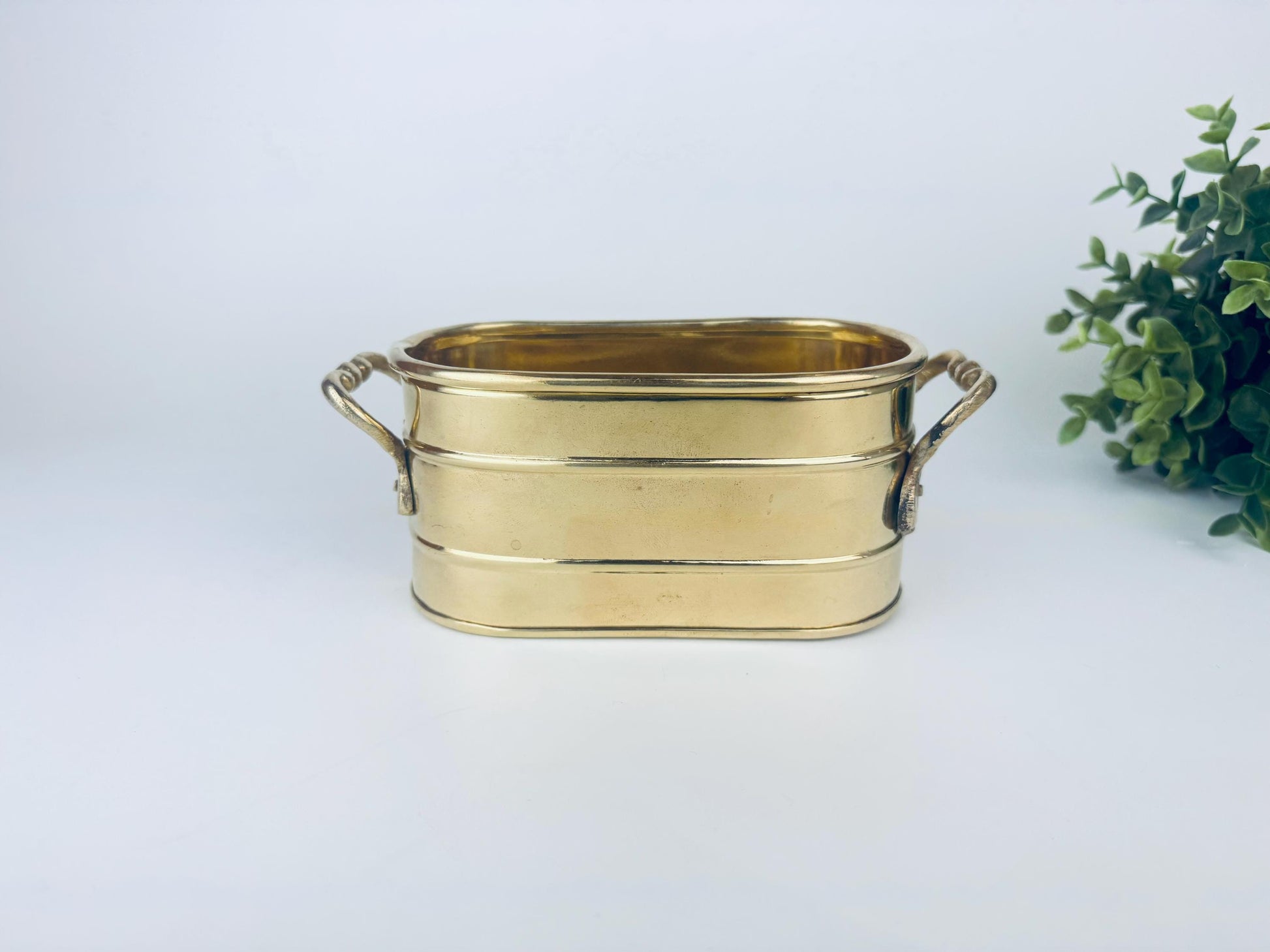 Product image for 'vintage oval handled brass indoor planter' (view a20a68)