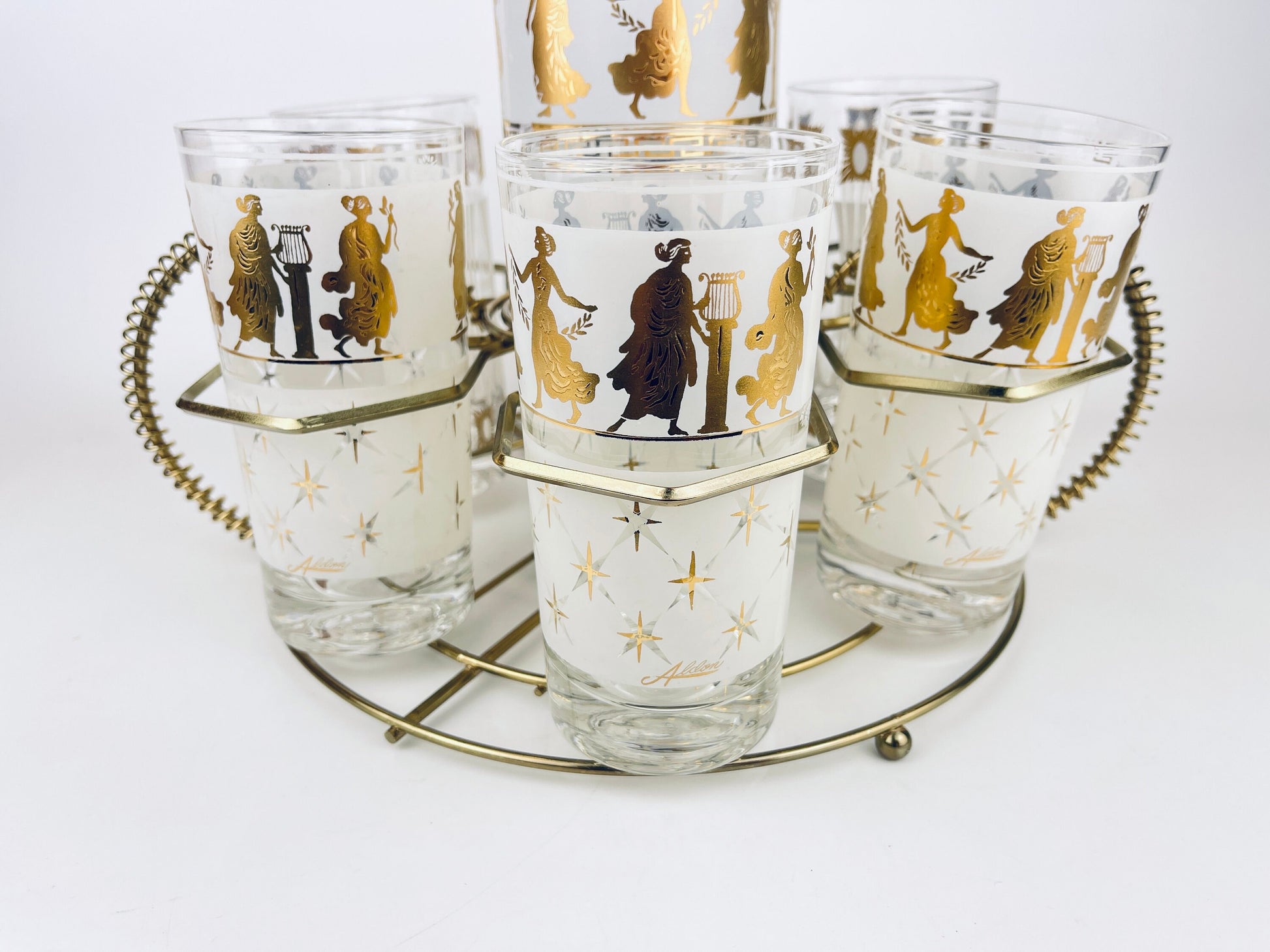 Product image for 'vintage rare aldon frosted white gold grecian gold atomic pattern barware set decanter six glasses barware gift' (view 5e2f0b)