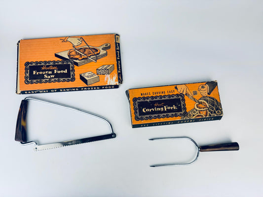 Product image for 'vintage 1950s chrome carving fork or frozen food saw faux tortoiseshell handle made in usa kitchen utensil host hostess line' (view be178a)