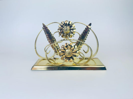 Product image for 'vintage ornate floral leaf gold metal napkin letter holder attractive aged patina hollywood regency decor' (view cc8faf)