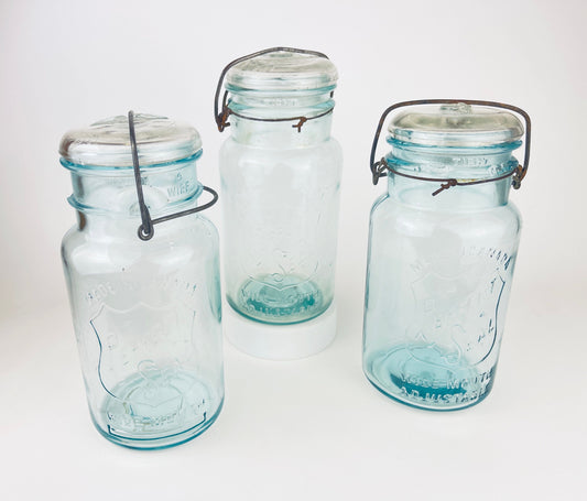 Product image for 'antique safety seal wide mouth aqua blue glass jar 2 pint capacity lightning metal hinge clasp made in canada sold separately 1' (view afa38d)