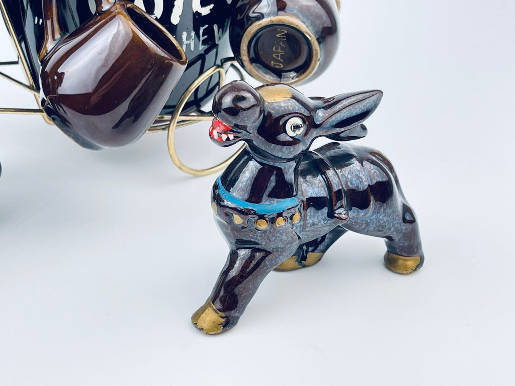 Product image for 'vintage red clay donkey moonshine decanter shoot glass barware set set of six 6 made in japan wild cat juice aged in the wild' (view 109083)