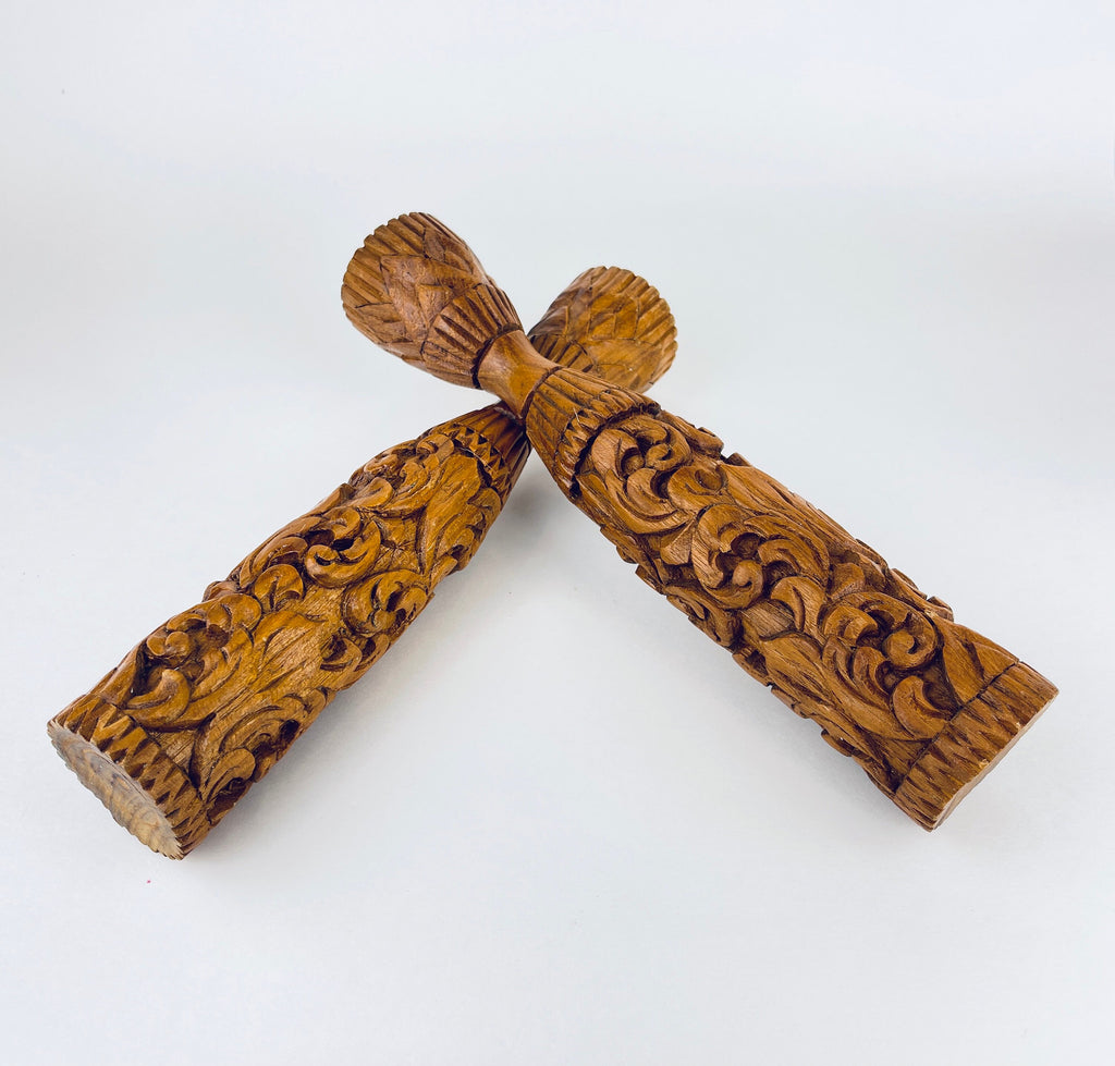 Product image for 'vintage 1970s hand carved wooden candlestick holders boho floral swirl pair' (view e1316e)