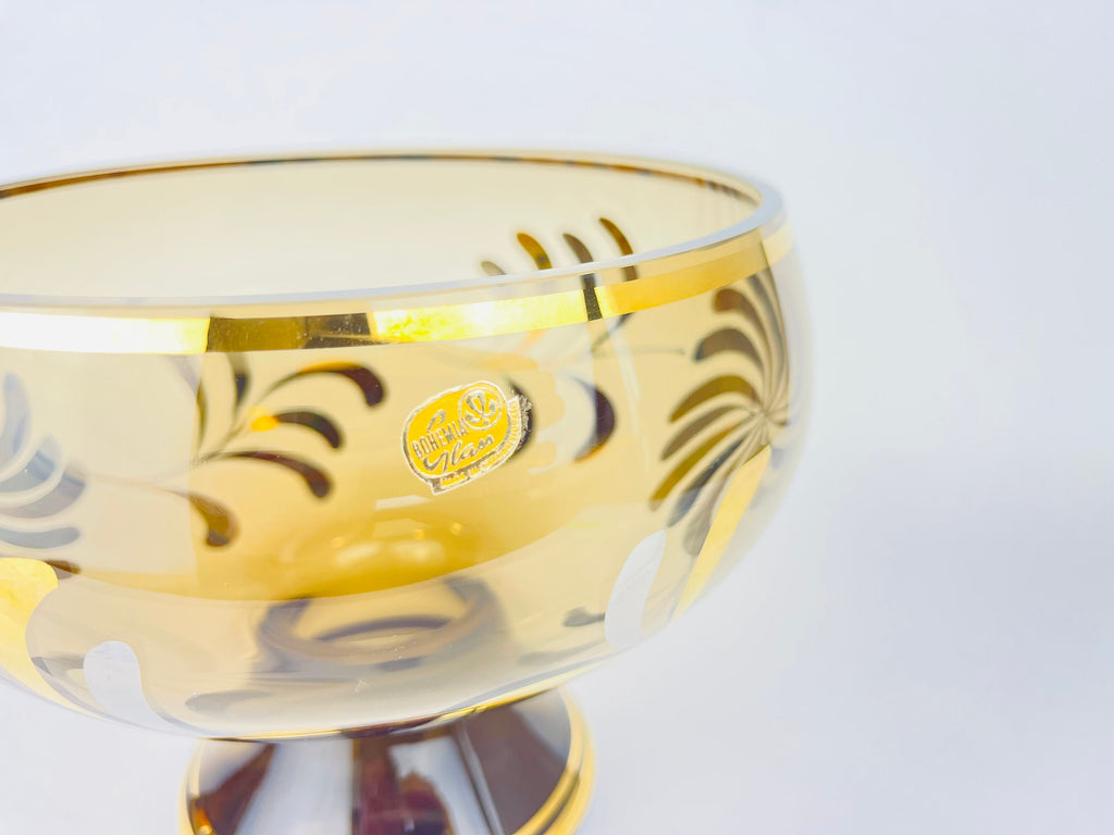 Product image for 'vintage bohemian footed glass compote bowl smokey gold art glass with floral motif made in czechoslovakia' (view 6b7d8a)