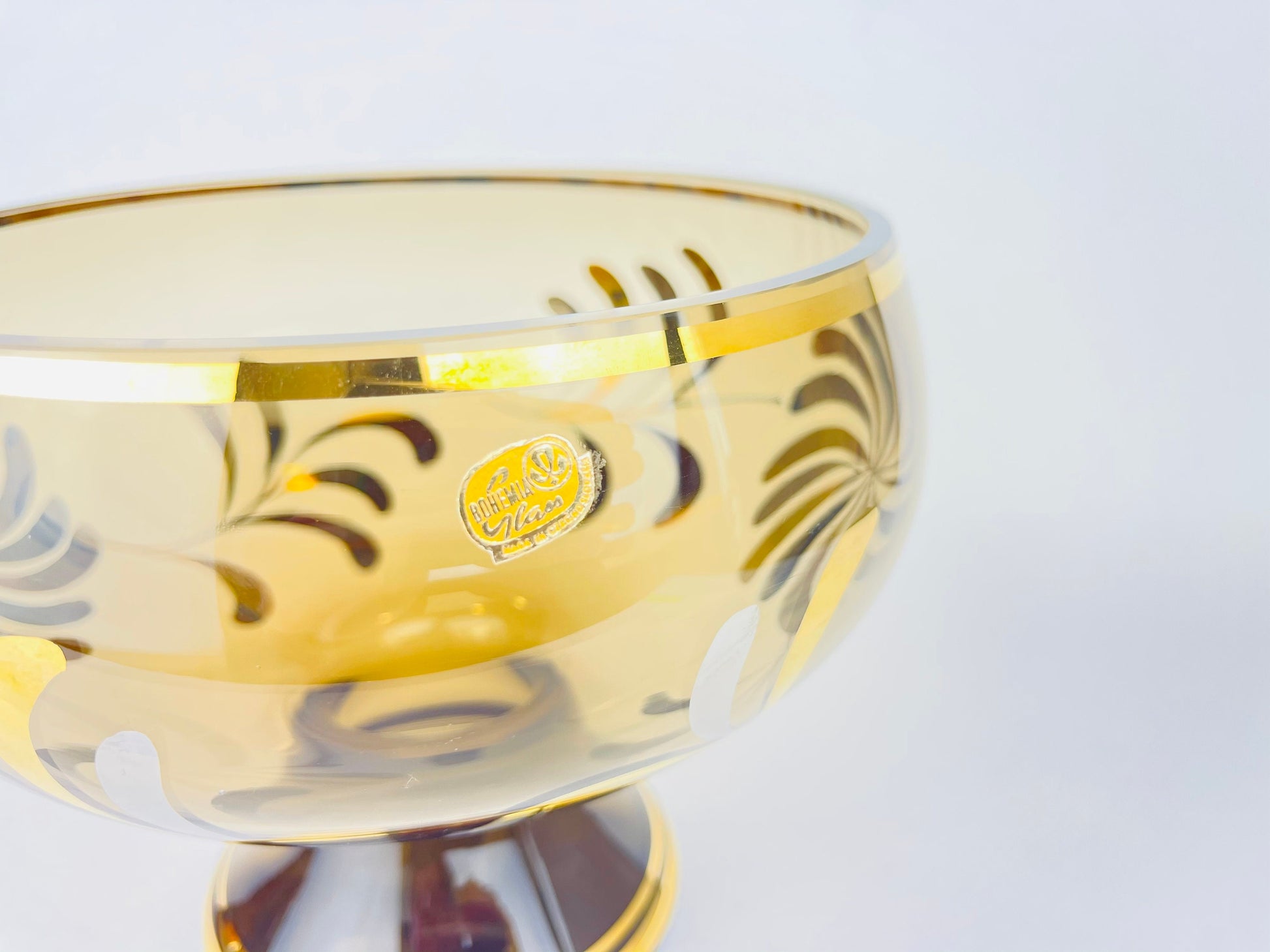 Product image for 'vintage bohemian footed glass compote bowl smokey gold art glass with floral motif made in czechoslovakia' (view 6b7d8a)