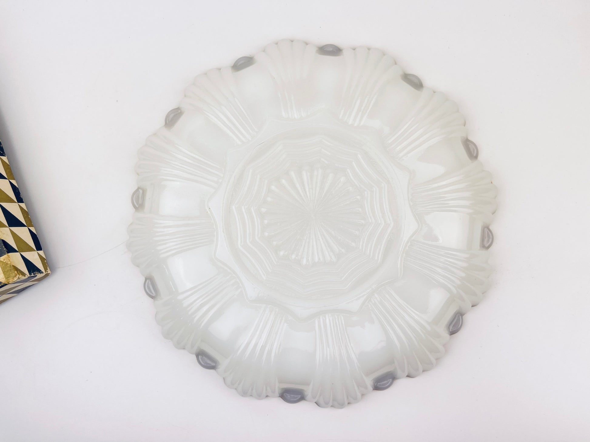 Product image for 'vintage devilled egg plate anchor hocking white milk glass ruffled scalloped gold rimmed edge' (view e28127)