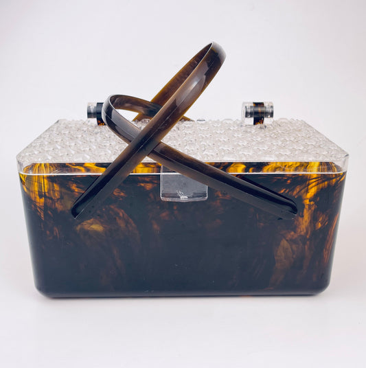 Product image for 'vintage faux tortoiseshell lucite cosmetics make up organizer merle norman textured clear lid handles' (view 653e85)