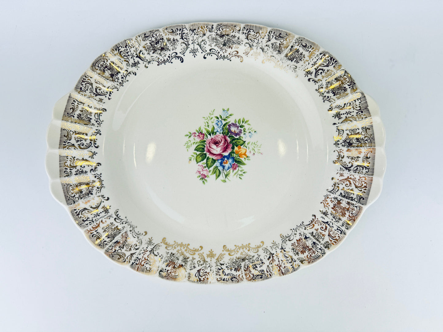 Product image for 'vintage limoges rosalie oval 22k gold floral serving tray platter scalloped design made in usa' (view fbafb2)