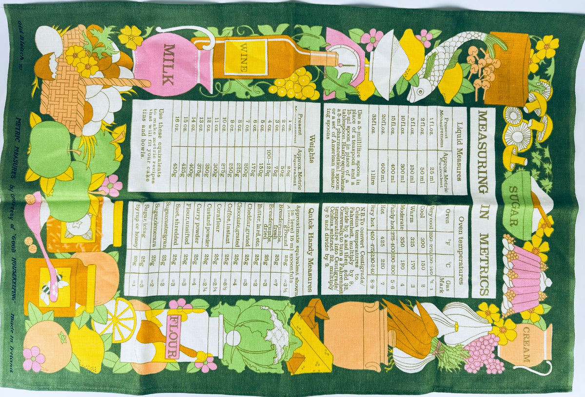 Product image for 'vintage old bleach measuring in metrics good housekeeping linen towel kitchen statement towel tapestry made in ireland' (view caade1)