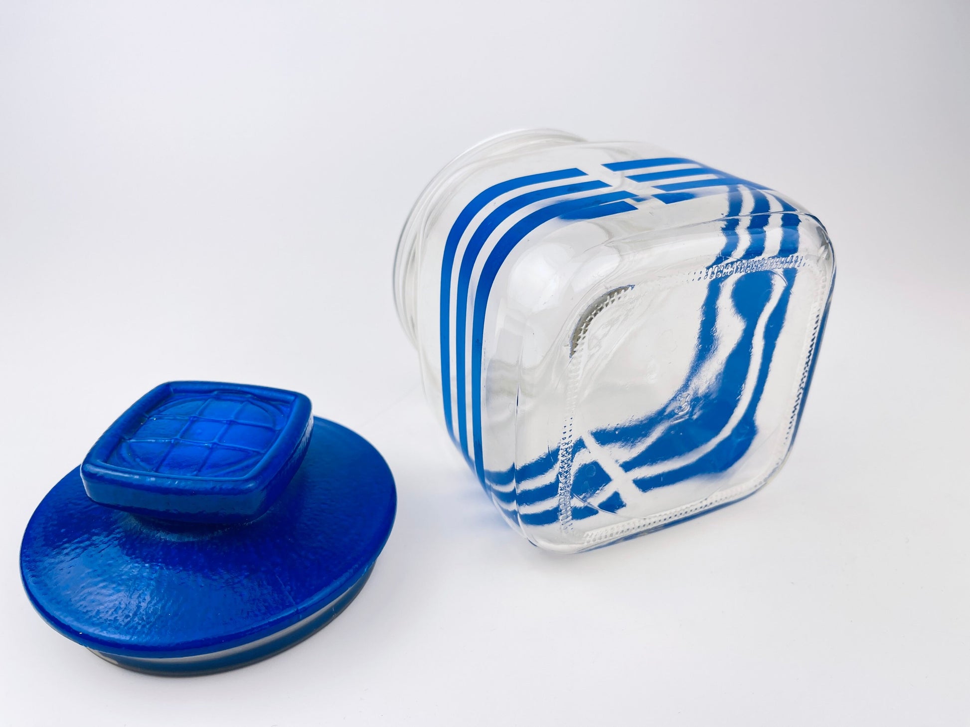 Product image for 'vintage 1980s blue striped glass jar with waffle lid airtight retro kitchen storage' (view ce9bbe)