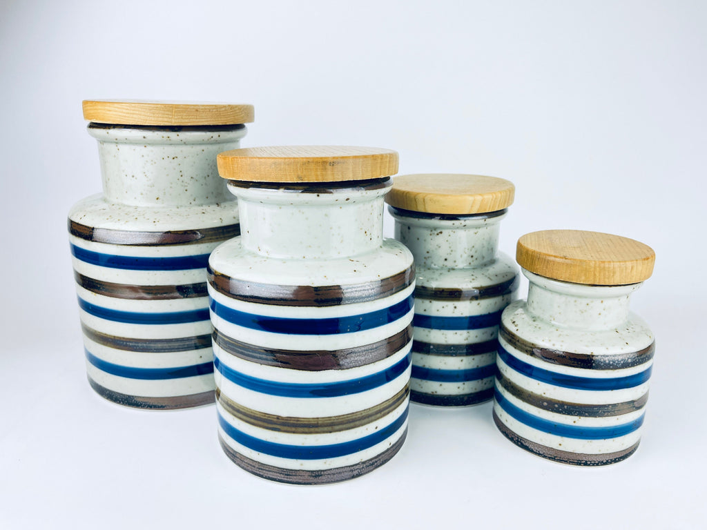 Product image for 'vintage striped grey speckle stoneware countertop canister set set of four 4 made in japan' (view 1c2d38)