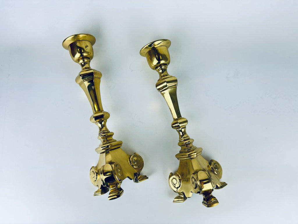 Product image for 'vintage hollywood regency tall solid cast brass candle stick holders set of two 2 attractive aged metal patina' (view 47411b)