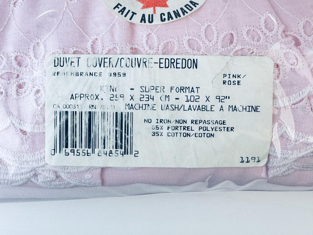 Product image for 'vintage pink broderie anglaise eyelet lace king duvet cover new old stock nos made in canada' (view 308f99)