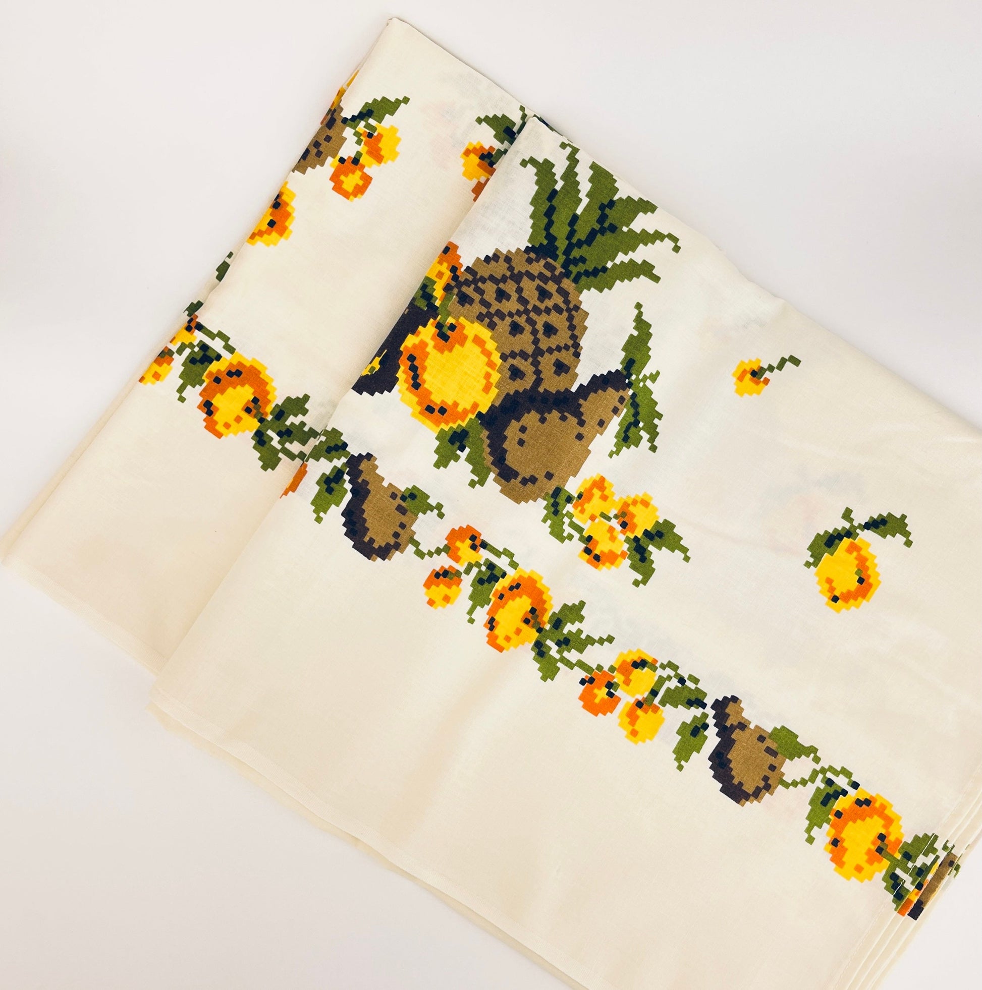 Product image for 'vintage 1960s pixel fruit tablecloth tropical retro kitchen linen' (view eac04c)