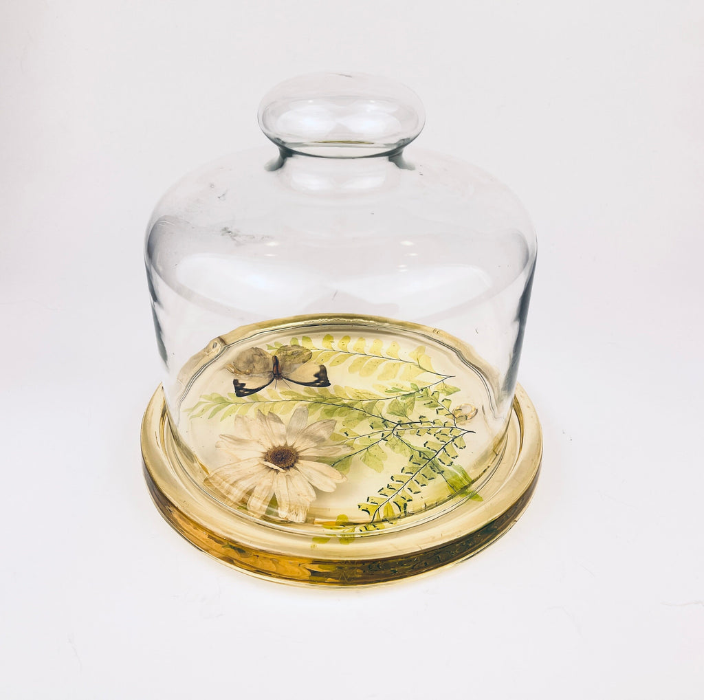 Product image for 'vintage pressed butterfly foliage lucite glass dome cloche design gifts mcmlxxiv 1974 made in usa' (view e23427)