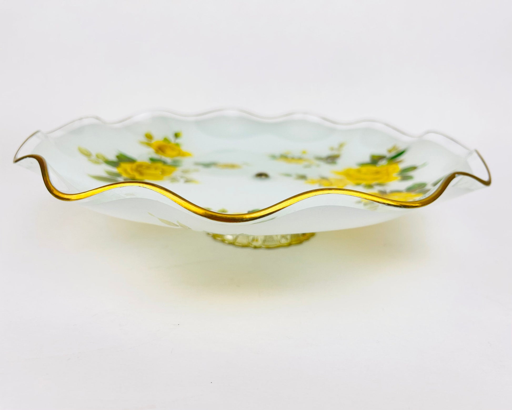 Product image for 'vintage ruffled glass yellow rose floral pedestal bowl james clarke sons england stoke on trent' (view e675f3)