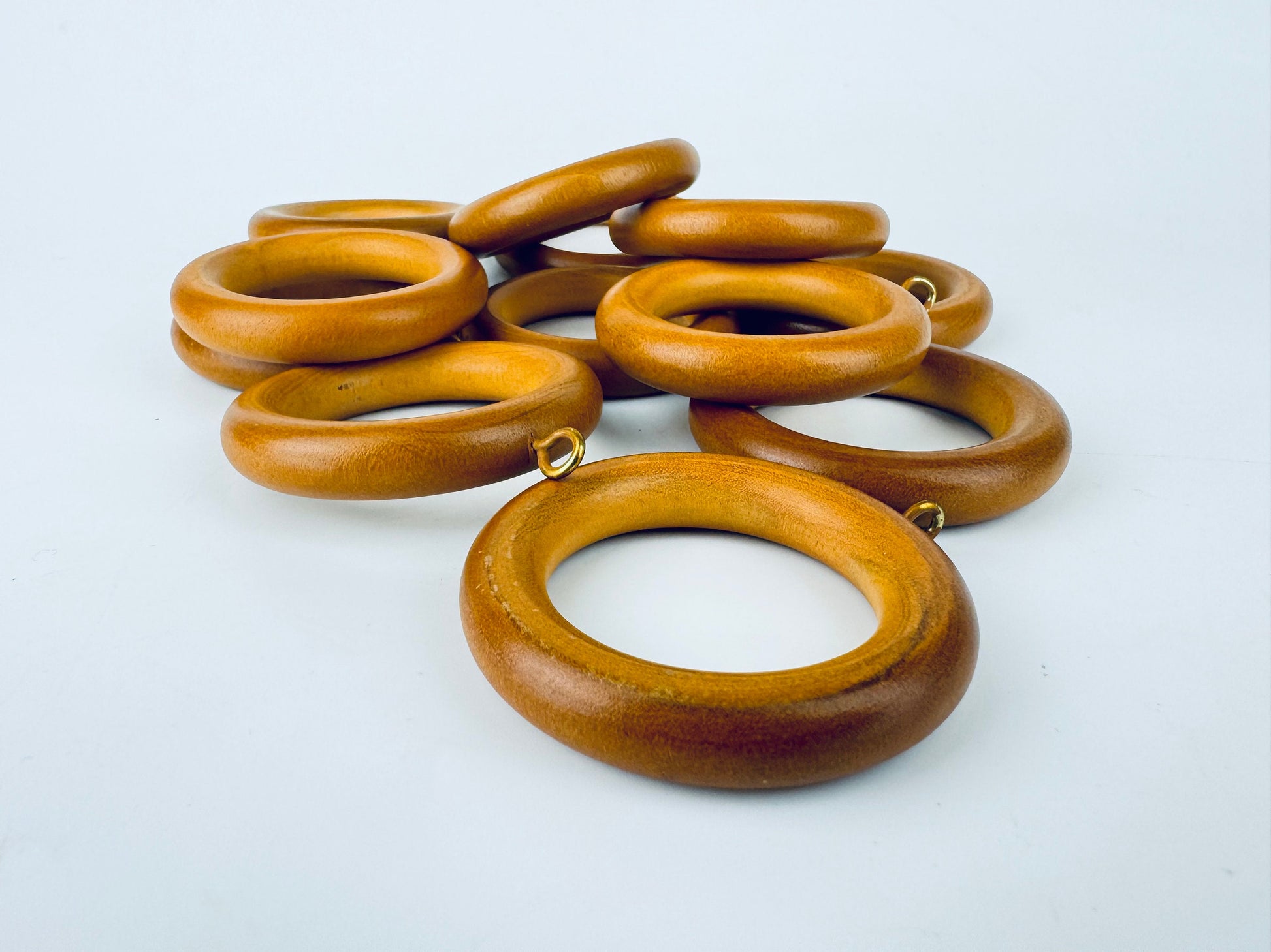 Product image for 'vintage macrame curtain wood metal ring holders set of twelve 12 two sizes available sets sold separately' (view db61f2)