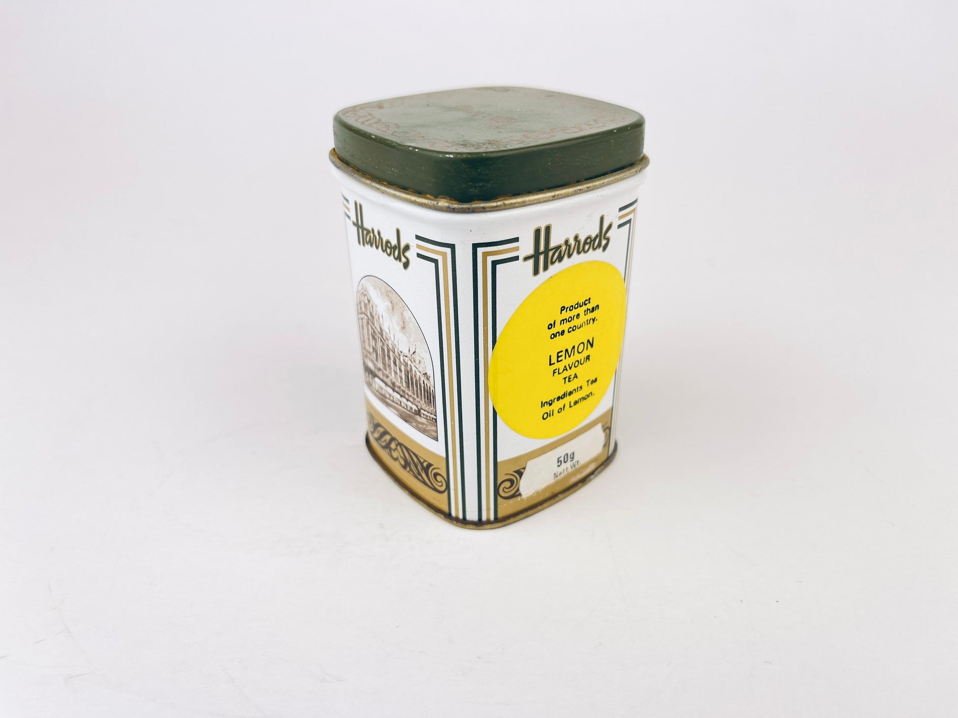 Product image for 'vintage harrods tea tin green white pattern' (view 1544bf)